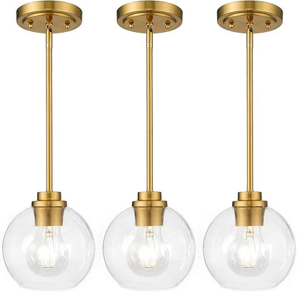 Gold Pendant Light, 7 Inch Clear Glass Farmhouse Hanging Fixture, Adjustable Height & Sloped Ceiling Compatible for Kitchen Island Dining Room Entryway Bedroom Hallway, 3 Pack