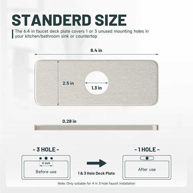 6 Inch Brushed Nickel Sink Hole Cover, Greenspring 4" Hole Cover Deck Plate, Bathroom Faucet Deck Plate, Stainless Steel Square Escutcheon for Bathroom or Kitchen Single Hole Vanity Sink Faucet