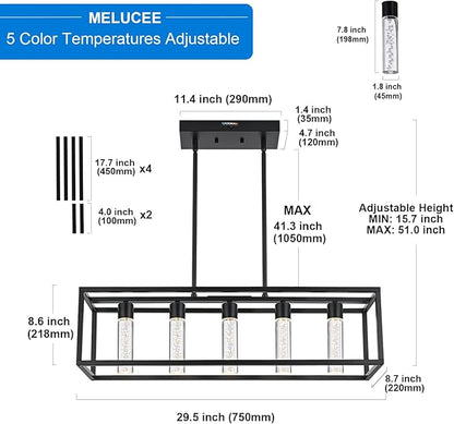 MELUCEE 5 Color Black Pendant Lights Kitchen Island, 5 Lights Modern Kitchen Island Lights 25W Dining Table Light Fixture with Crystal Bubble, Integrated LED Chandelier for Dining Room Billiard Room