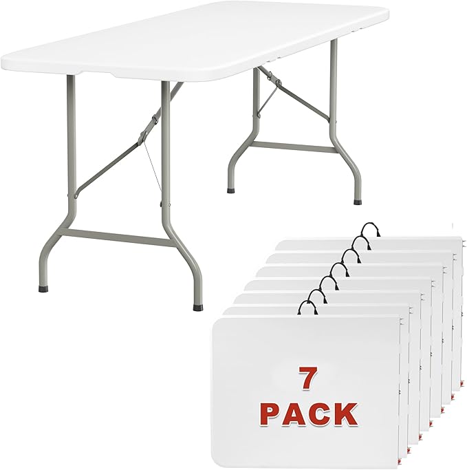 Elevon 6FT Folding Tables – Heavy Duty Portable Foldable Table with Built-in Handle, 300 lb Capacity – Ideal for Events, Parties, Crafts, Camping & Dining (7-Pack)