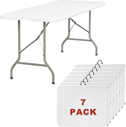 Elevon 6FT Folding Tables – Heavy Duty Portable Foldable Table with Built-in Handle, 300 lb Capacity – Ideal for Events, Parties, Crafts, Camping & Dining (7-Pack)