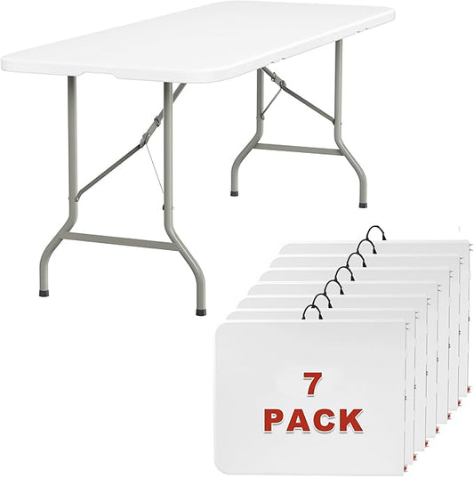 Elevon 6FT Folding Tables – Heavy Duty Portable Foldable Table with Built-in Handle, 300 lb Capacity – Ideal for Events, Parties, Crafts, Camping & Dining (7-Pack)