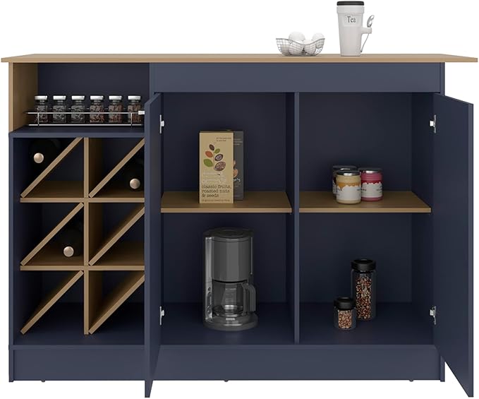 GOWE Harrell Kitchen Island, 2 Doors, 7 Shelves, Alby Blue/Natural Oak