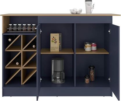 GOWE Harrell Kitchen Island, 2 Doors, 7 Shelves, Alby Blue/Natural Oak