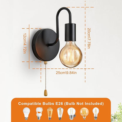 Vintage Pull Chain Wall Lights Set of Two, with Switch Black Wall Sconce E26 Industrial Wall Lamp Retro Wall Lighting Hard Wired Sconces Lighting for Mirror Bedroom Living Room Hallway