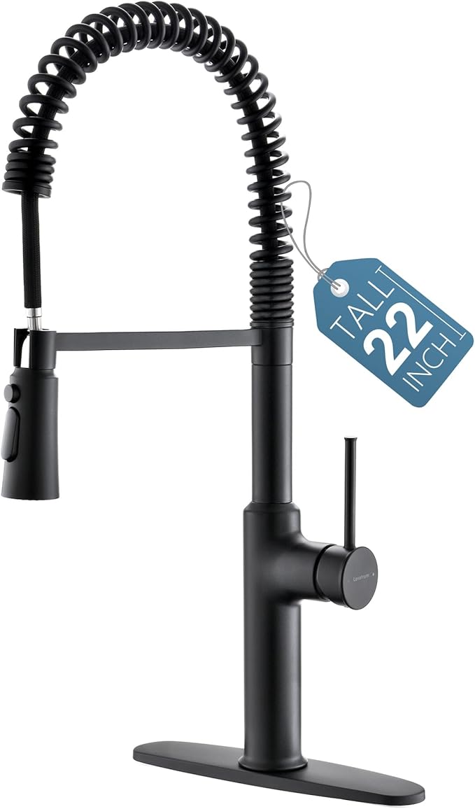 Brass Matte Black Kitchen Faucets, Brass 22 inch Commercial High Arc Single Handle Kitchen Faucets for Pull Down Sprayer Modern Spring with Deck Plate