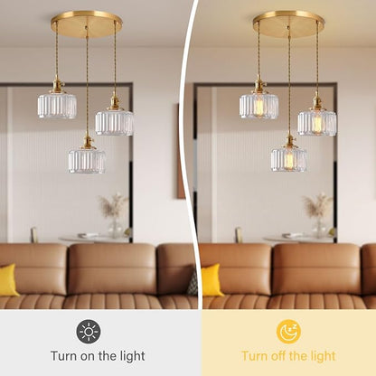 Cluster 3-Light Kitchen Island Chandelier Glass Globe Ceiling Pendant Light Clear Striped Shade Mid Century Modern Chandelier Brushed Gold Hanging Lights Fixture Multi Chandeliers