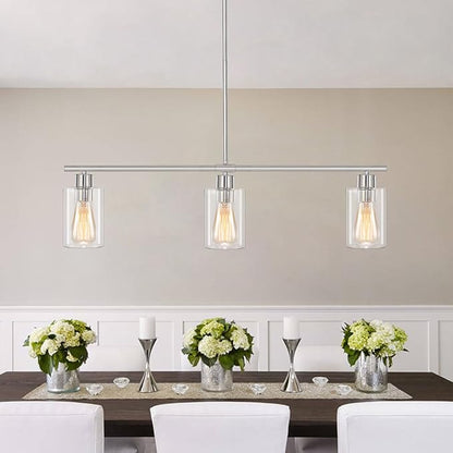 ETONIMERR Brushed Nickel Glass Pendant Lighting Over Island 3 Light Modern Kitchen Pendant Light with Glass Shade Industrial Linear Pendant Lighting for Kitchen Island