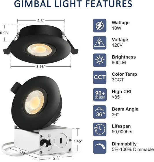 Sublimation Black 4 Packs 3 Inch led recessed Light 10w,3 Colors Adjustable 3000K/4000K/5000K,Waterproof recessed Lights for Shower,Suitable for Bathroom,Parlor,Bedroom,Kitchen,Balcony
