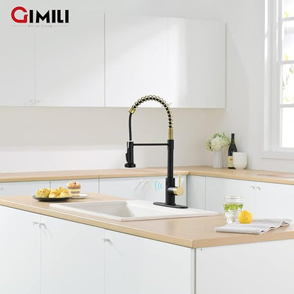 GIMILI Black and Gold Touchless Kitchen Faucet with AC Adapter, Smart Motion Sensor Hands Free Single Handle Kitchen Sink Faucet with Pull Down Sprayer
