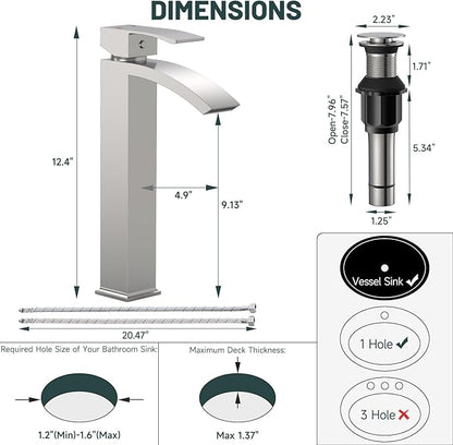 Brushed Nickel Vessel Sink Faucet, Greenspring Waterfall Bathroom Faucets, Tall Spout Single Handle Single Hole Bathroom Faucets with Pop Up Drain and Without Overflow Basin Faucet Supply Line