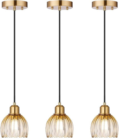 TALOYA Pendant Light 3 Pack with Amber Tulip Glass Lmapshade, Brass Vintage Pendant Light Adjustable Hanging Light for Kitchen Island Bedroom Dining Room Hallway& Bar