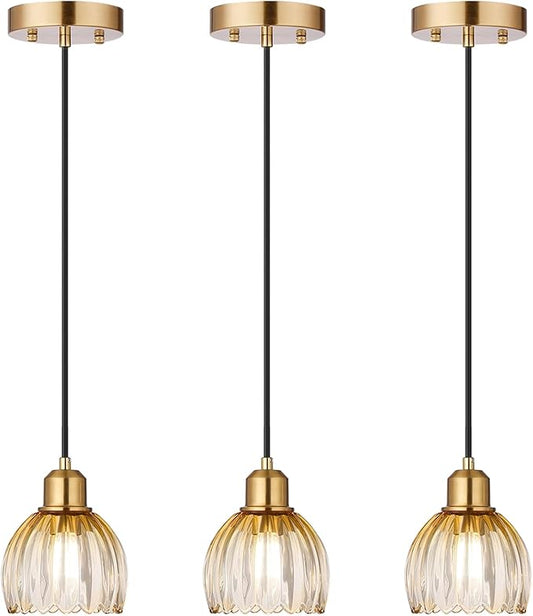 TALOYA Pendant Light 3 Pack with Amber Tulip Glass Lmapshade, Brass Vintage Pendant Light Adjustable Hanging Light for Kitchen Island Bedroom Dining Room Hallway& Bar