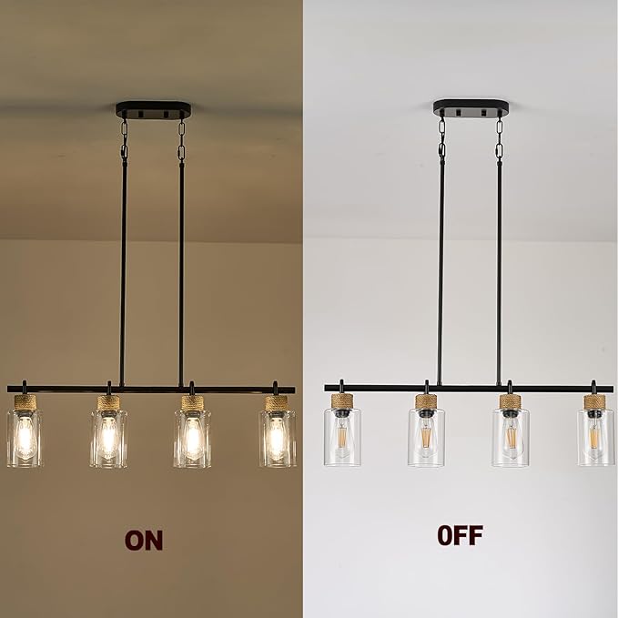 Black Pendant Lights Kitchen Island, Farmhouse Chandeliers for Dining Room, Linear Island Lights with Jute Rope & Clear Glass Shades(Black 4 Light)