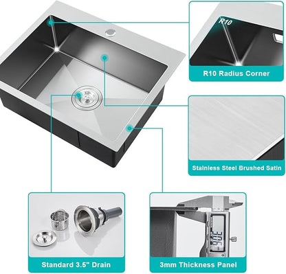 24 Inch Kitchen Sink Drop-in, 18 Gauge Stainless Steel Single Bowl Single Faucet Hole Top Mount Workstation Sink, D24"xW18"xH9"