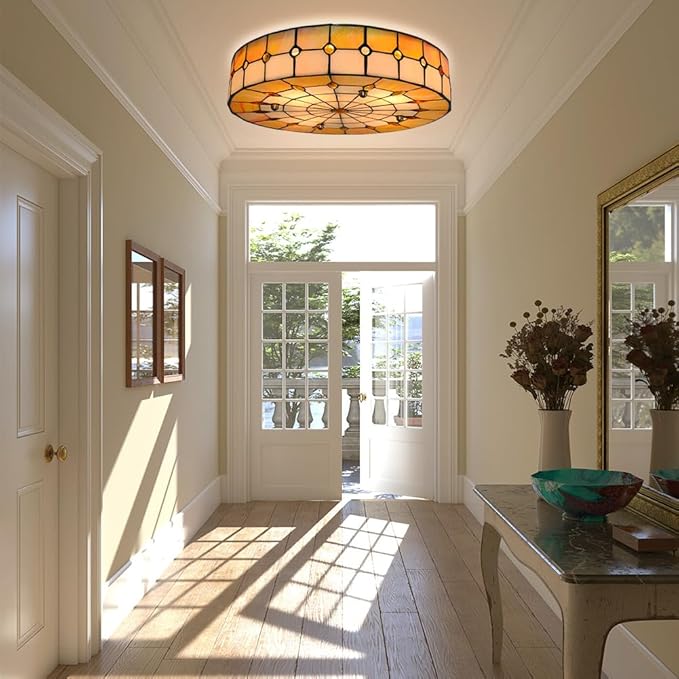 16" Vintage Stained Glass Flush Mount Ceiling Light, 3-Light Stained Glass Flush Mount Ceiling Pandent Light Fixture for Farmhouse Kitchen Island (Antique)