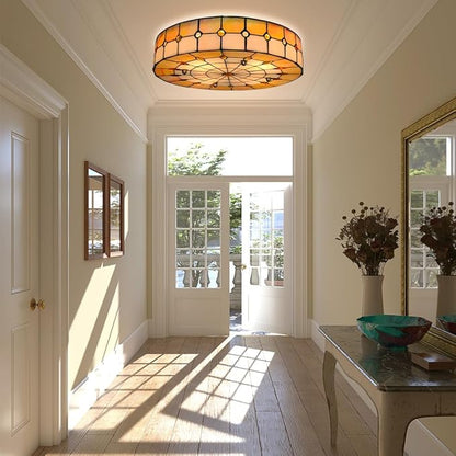 16" Vintage Stained Glass Flush Mount Ceiling Light, 3-Light Stained Glass Flush Mount Ceiling Pandent Light Fixture for Farmhouse Kitchen Island (Antique)