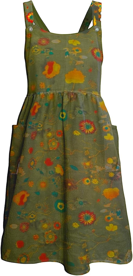 Cityelf Vintage Pinafore Apron Dress Snap Adjust Linen Cotton with Pockets Floral Aprons for Cooking Gardening