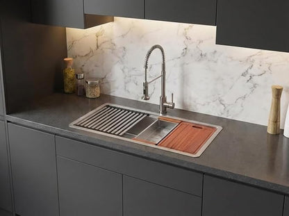 LQS 32 Inch Stainless Steel Kitchen Sink, Undermount 16 Gauge Stainless Steel Kitchen Sink, Single Bowl Kitchens Sinks with Sapele Wood Cutting Board For Family Kitchens, R10 Round Corner