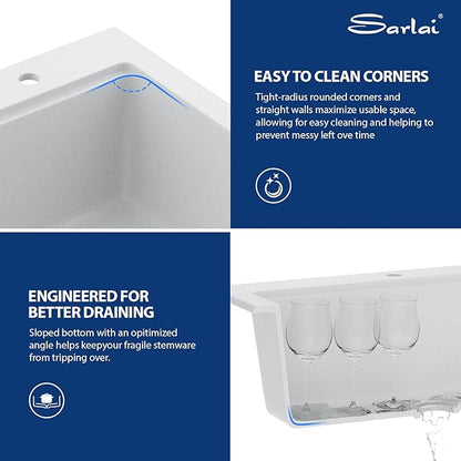Sarlai Granite Composite Kitchen Sink - 30"x22" Drop In Kitchen Sink 30 Inch Ledge Workstation White Granite Quartz Composite Top-Mount Single Bowl Sinks Basin with Accessories