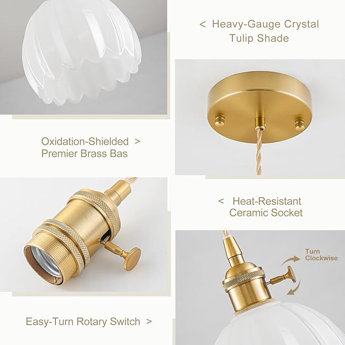 Mini Pendant Lights Kitchen island 3 Pack, Small Adjustable Pendant Light Fixture with Milk White Tulip Glass Lampshade, Vintage Gold Pendant Lighting, Pendant Light for Bedroom Dining Room Hallway