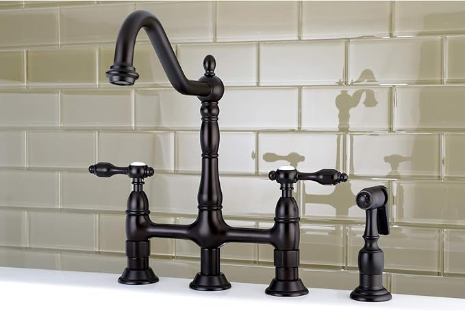 Kingston Brass KS1275TALBS Tudor 8 Inch Center Kitchen Faucet With Brass Sprayer, Oil Rubbed Bronze, 8-3/4 inch in Spout Reach, Oil Rubbed Bronze