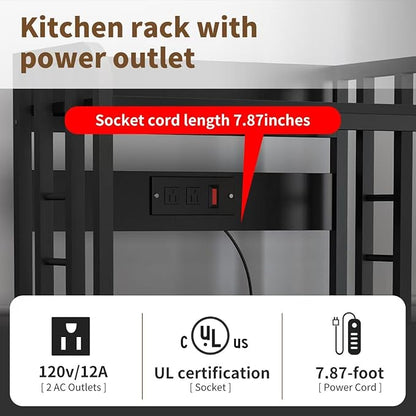 Bakers Rack with Power Outlet ，Microwave Stand 4-Tier Kitchen Baker's Rack, Free Standing Baker's Rack Kitchen Stands with Storage Suitable for Kitchen, Living Room, Dinning Room，Coffee Bar (Black)