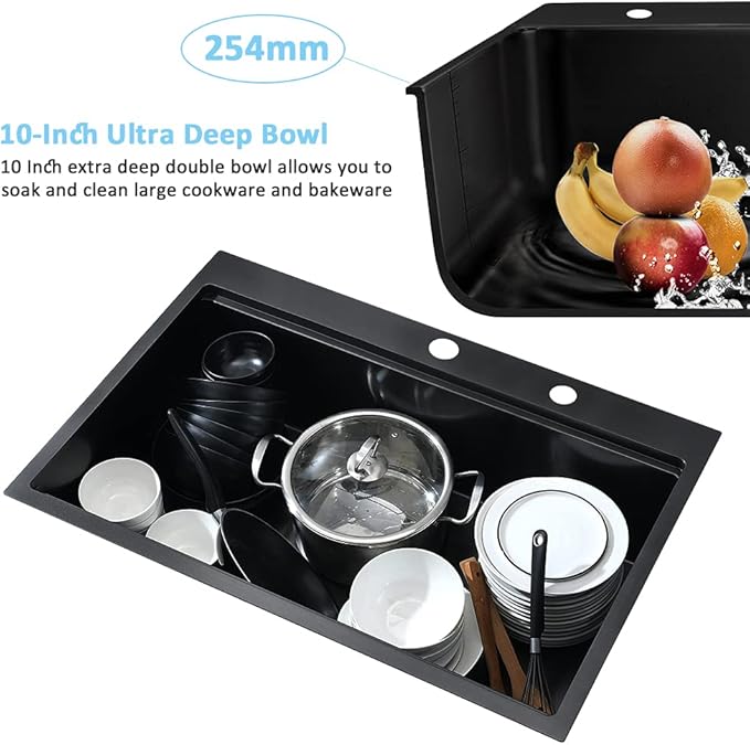 Black Kitchen Sink Drop In-Bokaiya 33x19 Drop In Single Bowl Kitchen Sink 16 Gauge Black Stainless Steel Top Mount Workstation 10 Inch Deep Kitchen Basin for Home
