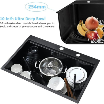 Black Kitchen Sink Drop In-Bokaiya 33x19 Drop In Single Bowl Kitchen Sink 16 Gauge Black Stainless Steel Top Mount Workstation 10 Inch Deep Kitchen Basin for Home