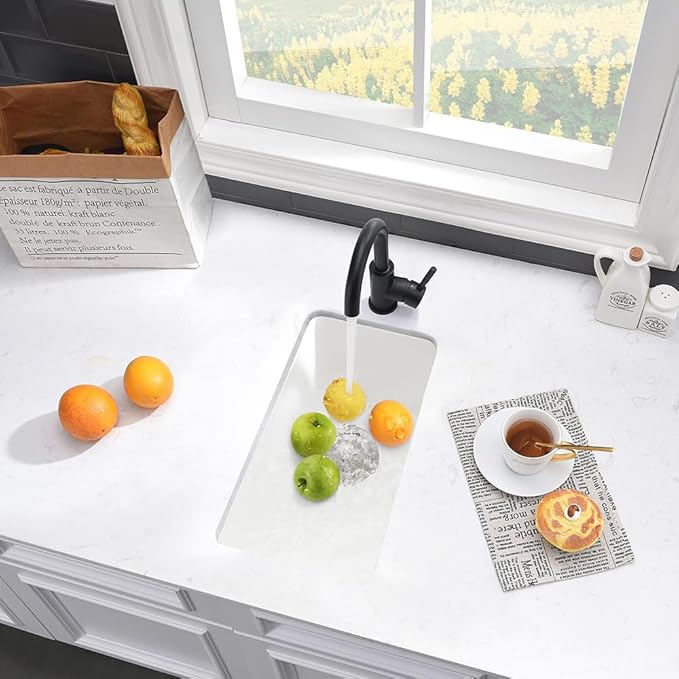 10 Inch White Bar Sink Undermount-VASOYO 10x18 Inch Undermount Wet Bar Sink Small Rv Kitchen Sinks White Quartz Composite Deep Single Bowl Small Kitchen Sinks with Bottom Grid