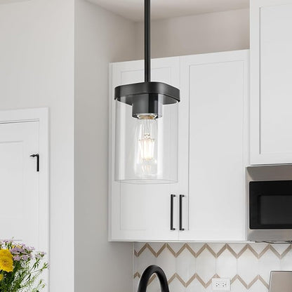 Modern Pendant Light Fixtures 2-Pack, Matte Black Pendant Lights Kitchen Island with Square Transparent Glass, Glass Pendant Light for Dining Room, Bedroom, Living Room, Farmhouse