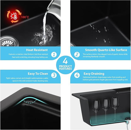 Kichae 33 Kitchen Sink Drop In Waterfall - 33"x22" Black Granite Quartz Composite Smart Single Bowl Waterfall Workstation with Pull Down Faucet Combo