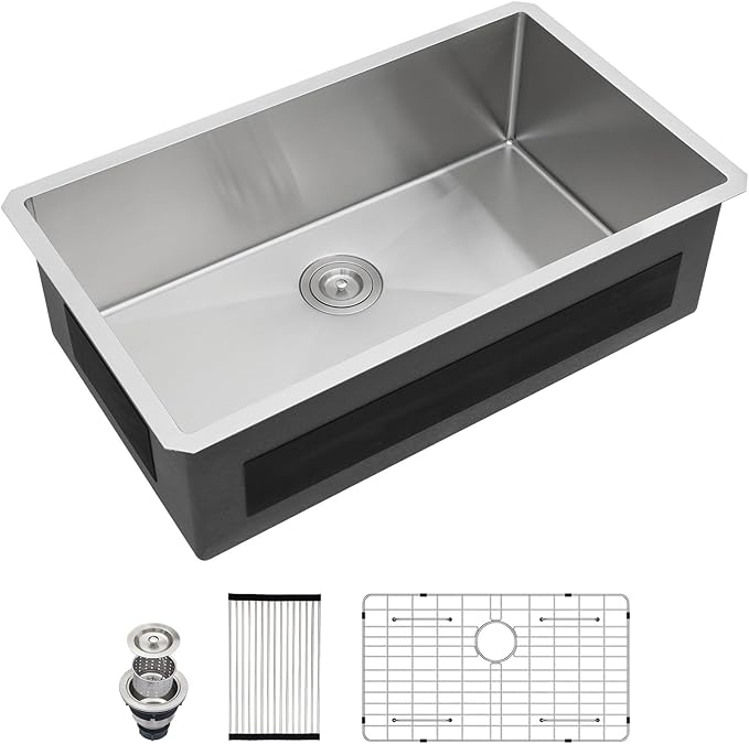 33 Inch Undermount Kitchen Sink - Fuyuoer 33x19 Inch Under Counter 16 Gauge Stainless Steel Single Bowl, 9'' Deep Basin with Round Corners