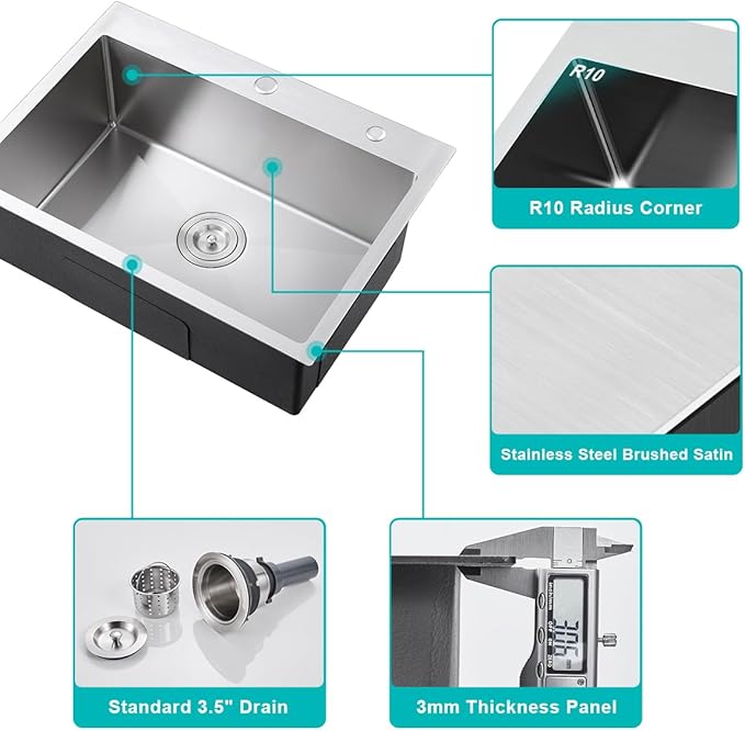 27x18 Inch Drop in Kitchen Sink, 18 Gauge Stainless Steel Handmade Single Bowl Kitchen Sink 9'' Deep Basin Bowl with Grid, Brushed