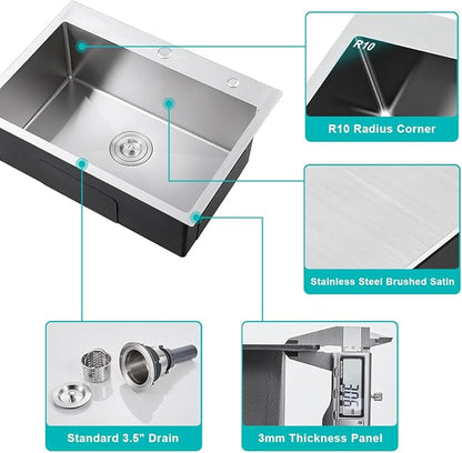 27x18 Inch Drop in Kitchen Sink, 18 Gauge Stainless Steel Handmade Single Bowl Kitchen Sink 9'' Deep Basin Bowl with Grid, Brushed