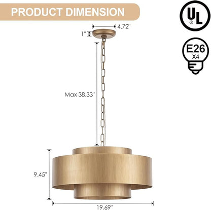 20” Brushed Brass Modern Chandelier Classic 3 Round Metal Pendant Light Contemporary Adjustable Industrial Pendant Light for Dining Room Kitchen Island Living Room Bedroom, UL Listed