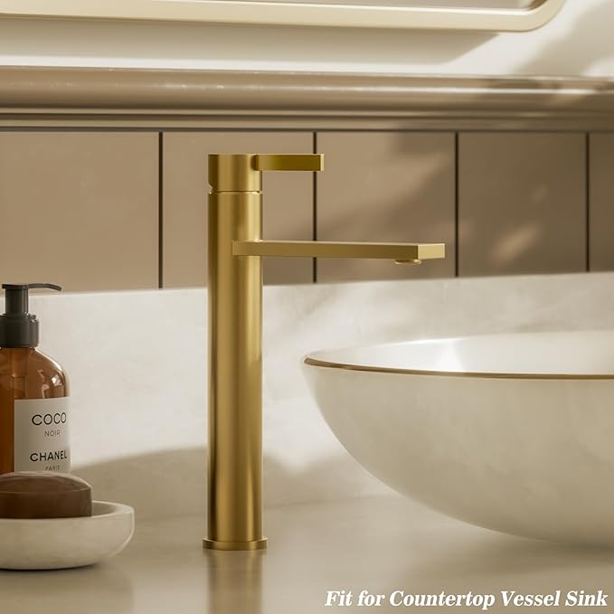 Phiestina 1 Hole Tall Bathroom Vessel Sink Faucet, Brushed Gold Single Hole Single Handle Vanity Faucet, with Pop Up Drain and Water Supply Line, FH02-BG-V