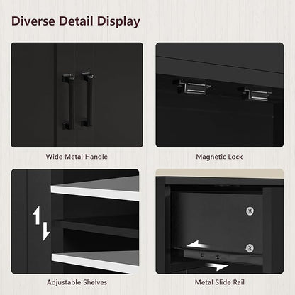 TEENFON 63” Buffet Cabinet with Storage and 2 Drawers, Large Sideboard Cabinet with Adjustable Shelves and 4 Doors, Coffee Bar, Buffet Table for Kitchen, Dining Room, Black