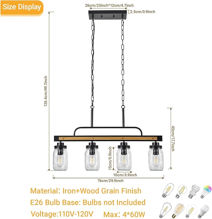 4-Light Farmhouse Dining Room Chandelier, Black Mason Jar Chandelier Lighting Fixture for Kitchen Island, Dining Room, Rustic Linear Cluster Hanging Pendant Light, Faux Wood with Glass Shade