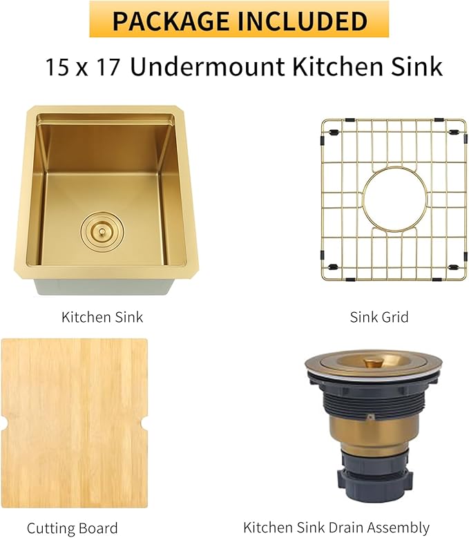 Gold Bar Sink, 16 Gauge T-304 Stainless Steel Undermount Kitchen Sink, 15 Inch Small Kitchen Sink with Accessories, 15" x 17" x 10" Single Bowl Workstation Sink For Wet Bar, Outdoor, RV