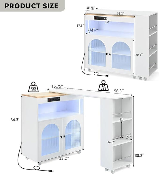 Rolling Kitchen Island with Extended Table and Power Outlets 2 Fluted Glass Doors Storage Compartment 3 Side Open Shelves Practical(White)