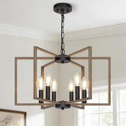 6 Light Farmhouse Chandelier, Dining Room Light Fixture with Wood Grain Painted, Metal Geometric Ceiling Light Rustic Hanging Pendant Lights with E12 Base for Kitchen Island Entryway Foyer, Indoor