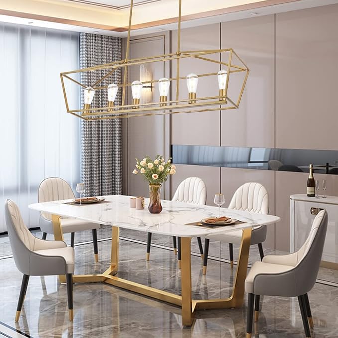BONLICHT Farmhouse Chandeliers Gold 6 Light Modern Linear Dining Room Pendant Lighting Traditional Rectangular Kitchen Island Lantern Light Fixture Classic Ceiling Light with Adjustable Rods