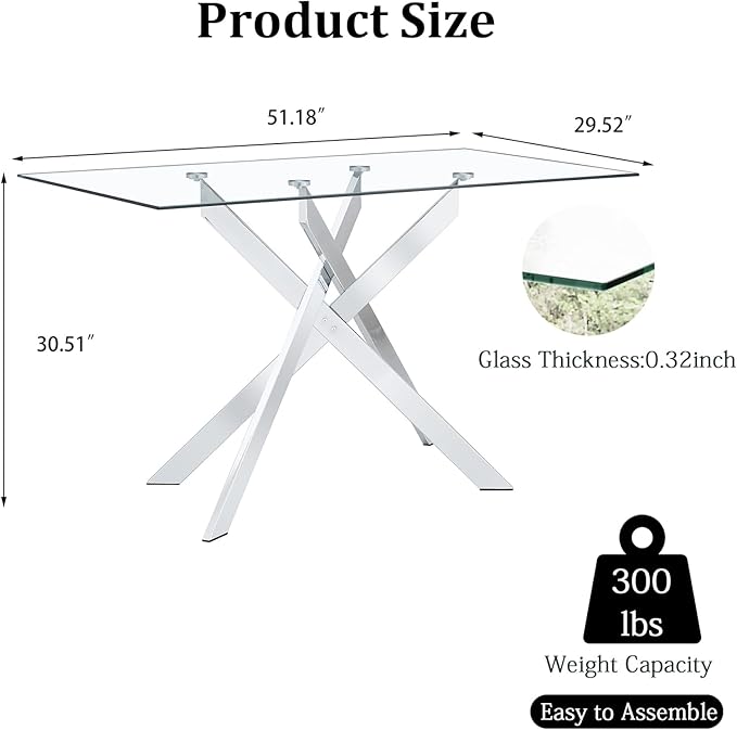 51inch Modern Glass Dining Table for 4, Kitchen Dining Room Table for 4, 0.32" Rectangular Tempered Glass Tabletop and Silver Metal Legs,Rectangle Dinner Tables for Kitchen, Dining Room