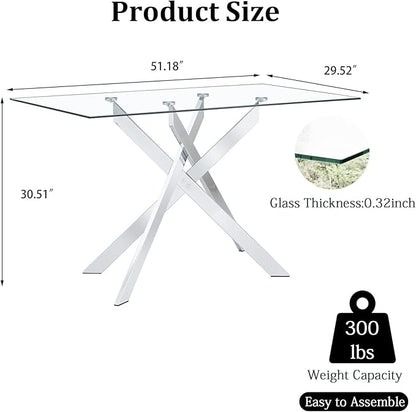 51inch Modern Glass Dining Table for 4, Kitchen Dining Room Table for 4, 0.32" Rectangular Tempered Glass Tabletop and Silver Metal Legs,Rectangle Dinner Tables for Kitchen, Dining Room