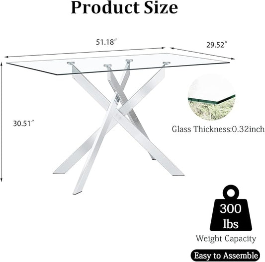 51inch Modern Glass Dining Table for 4, Kitchen Dining Room Table for 4, 0.32" Rectangular Tempered Glass Tabletop and Silver Metal Legs,Rectangle Dinner Tables for Kitchen, Dining Room