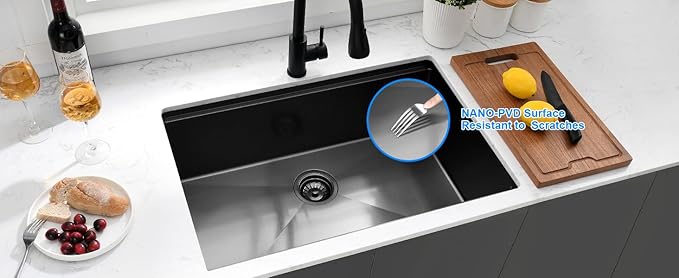 PEPO 33 Inch Black Undermount Kitchen Sink Workstation with Cutting Board & Accessories 16 Gauge Stainless Steel Hides Scratches NANO-PVD Finish 33x19x10 Deep Single Bowl