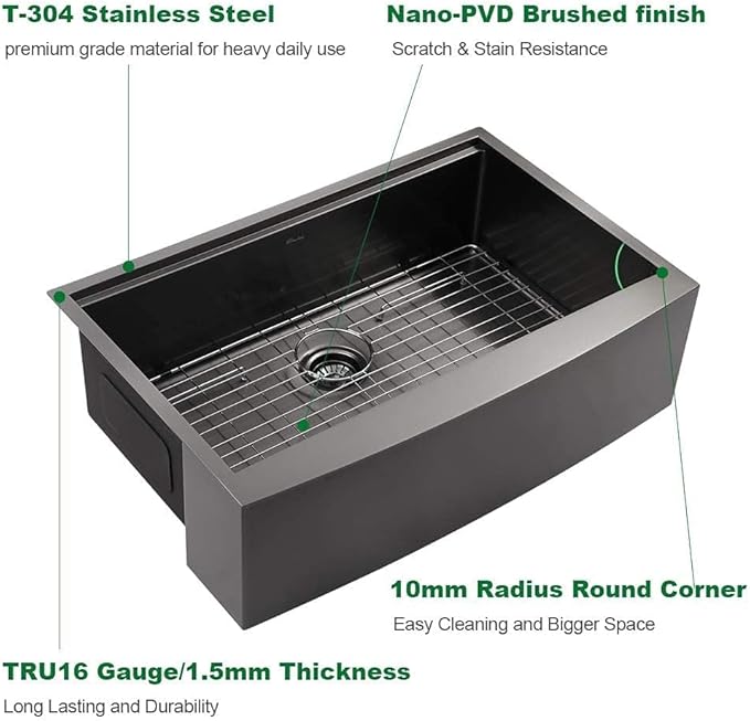 Sarlai 33 Farmhouse Sink Black Stainless Steel - 33 Inch Apron Front Kitchen Sink Ledge Workstation Gunmetal Black 16 Gauge Stainless Steel Deep Single Bowl Farm Sinks