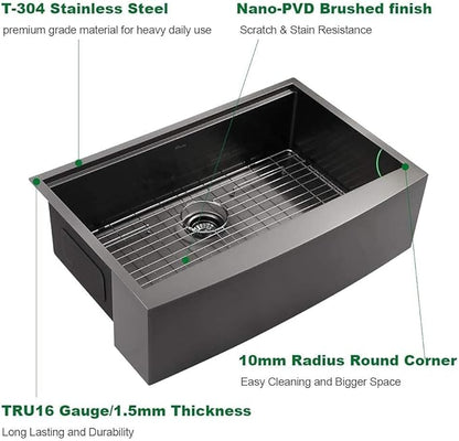 Sarlai 33 Farmhouse Sink Black Stainless Steel - 33 Inch Apron Front Kitchen Sink Ledge Workstation Gunmetal Black 16 Gauge Stainless Steel Deep Single Bowl Farm Sinks