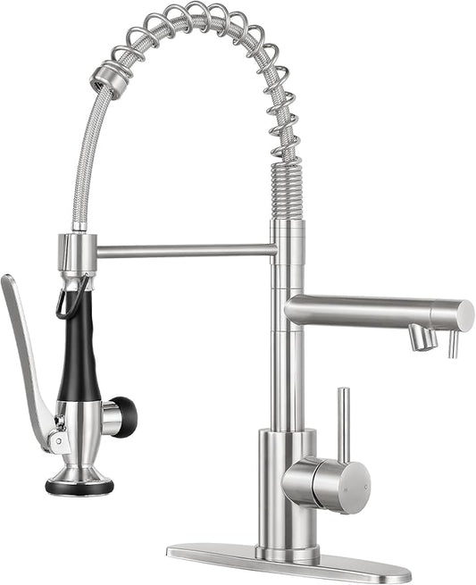 Kitchen Faucets with Pull Down Sprayer Single Handle,Commercial Style Double-Headed Faucet 1/3 Hole with Deck Plate,Brushed Nickel